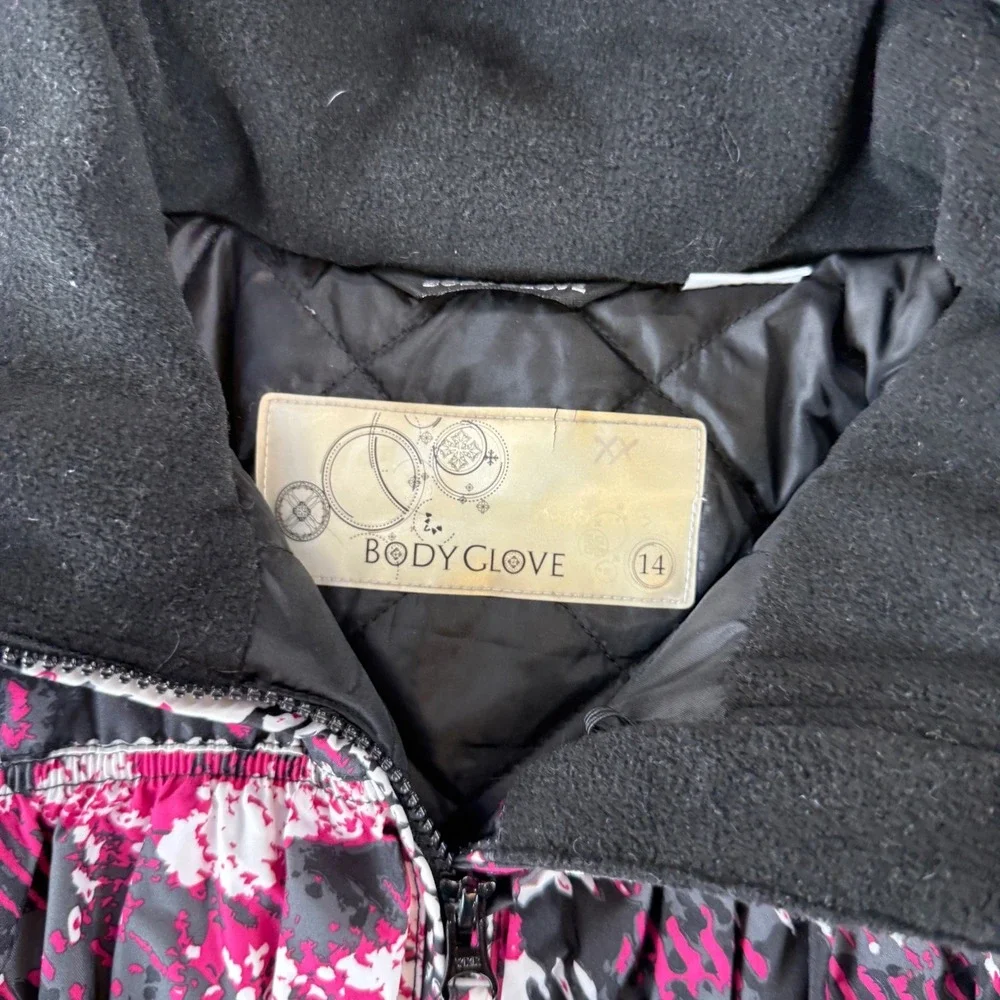 Vintage Body Glove Girls 14 Ski Coat Pink Black Faux Fur Hood Winter‎ Jacket